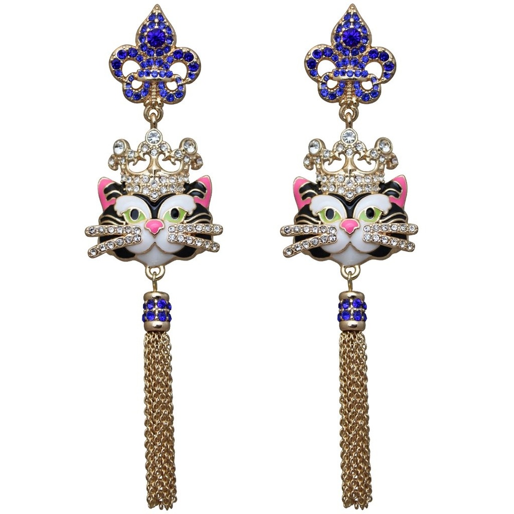 Ritzy Couture Princess Kitty Royal Crown Black Tuxedo Cat Enamel Earrings